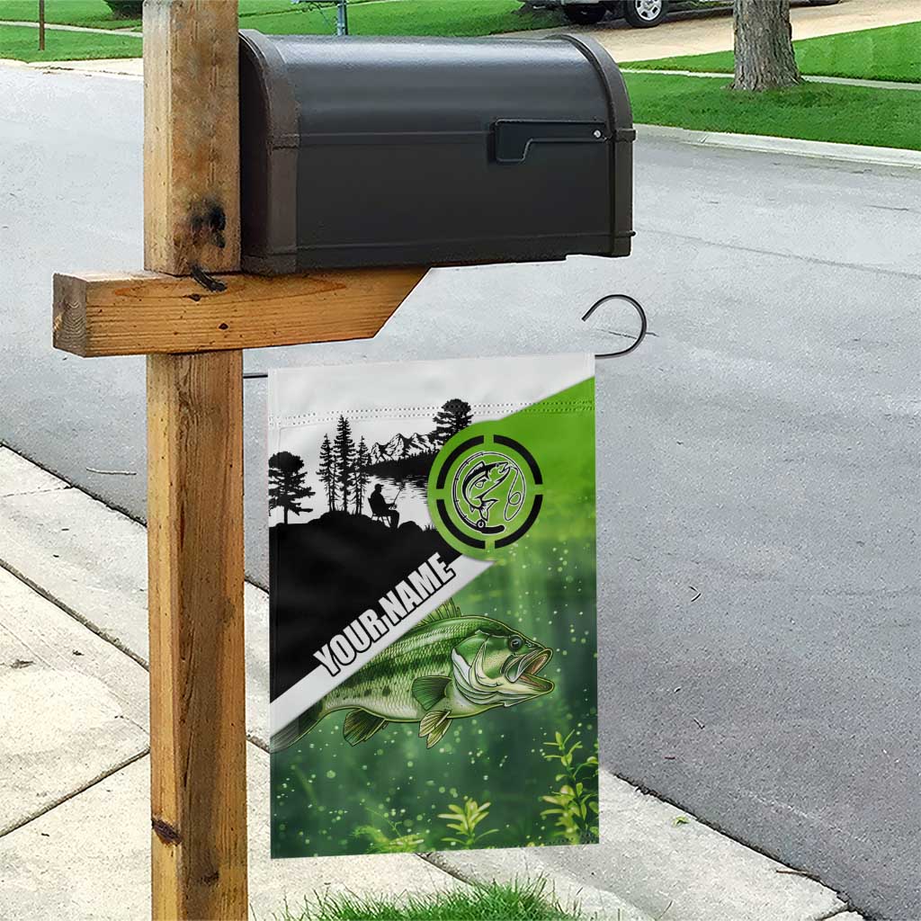 Green and Black Largemouth Bass Fishing Garden Flag Custom Name Design and Angler Silhouette Illustration - Wonder Print Shop