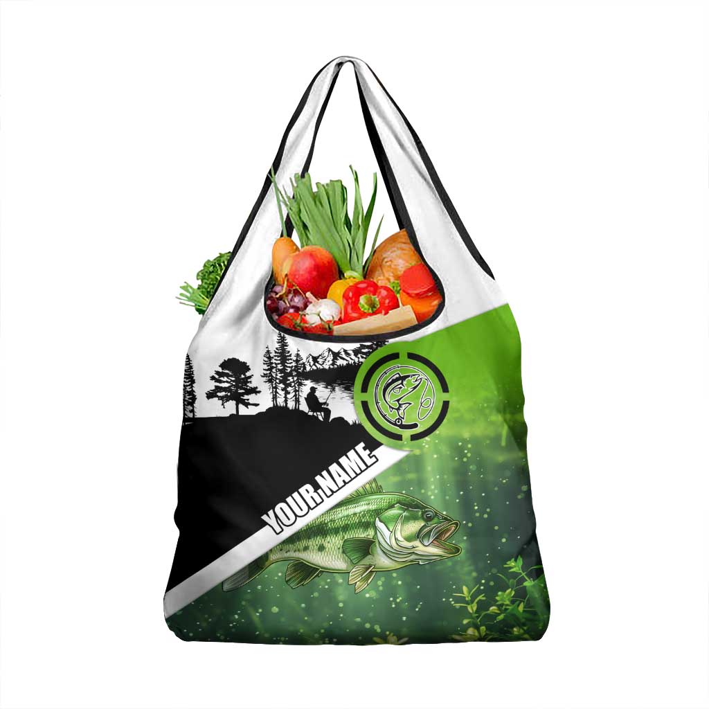 Green and Black Largemouth Bass Fishing Grocery Bag Custom Name Design and Angler Silhouette Illustration - Wonder Print Shop