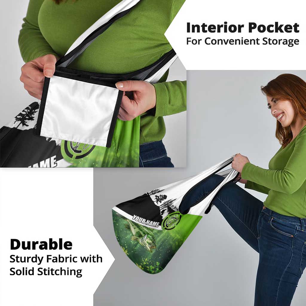 Green and Black Largemouth Bass Fishing Grocery Bag Custom Name Design and Angler Silhouette Illustration - Wonder Print Shop