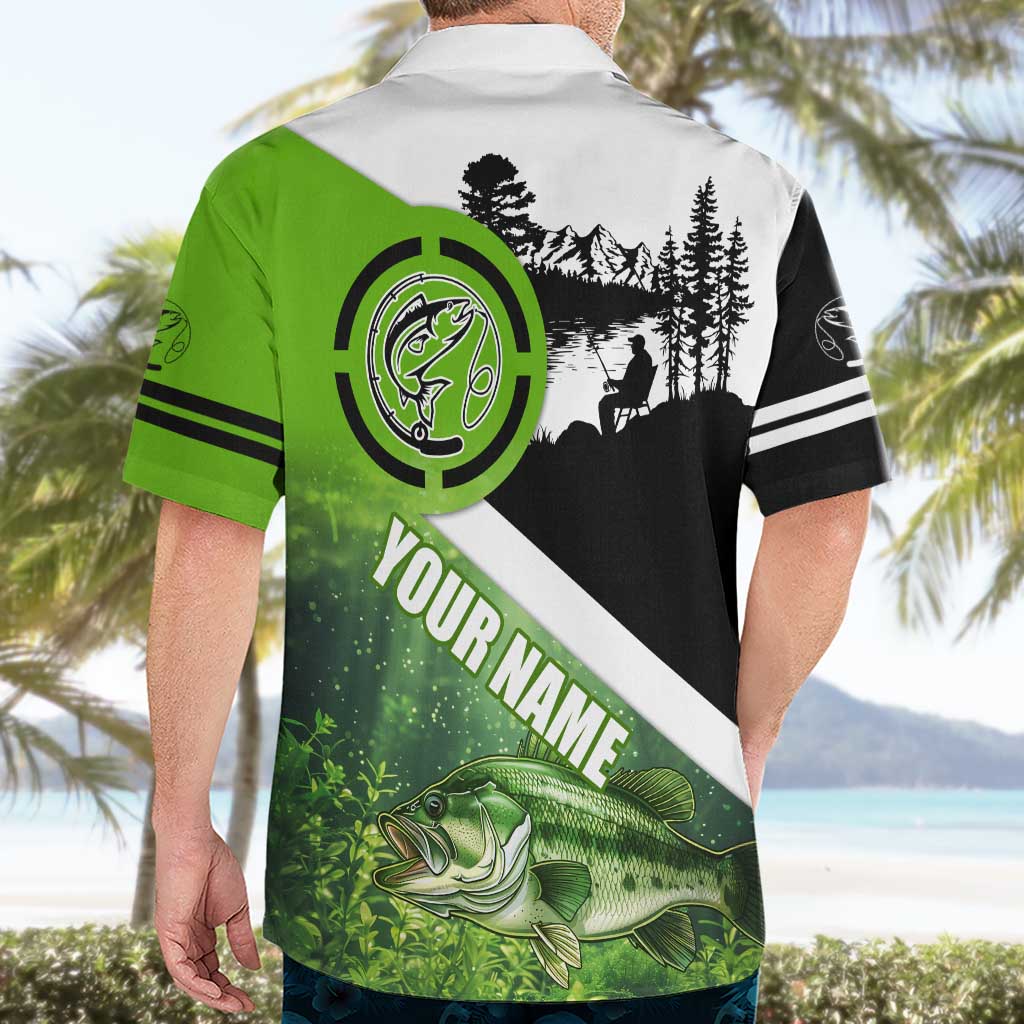 Green and Black Largemouth Bass Fishing Hawaiian Shirt Custom Name Design and Angler Silhouette Illustration - Wonder Print Shop