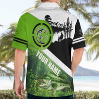 Green and Black Largemouth Bass Fishing Hawaiian Shirt Custom Name Design and Angler Silhouette Illustration - Wonder Print Shop