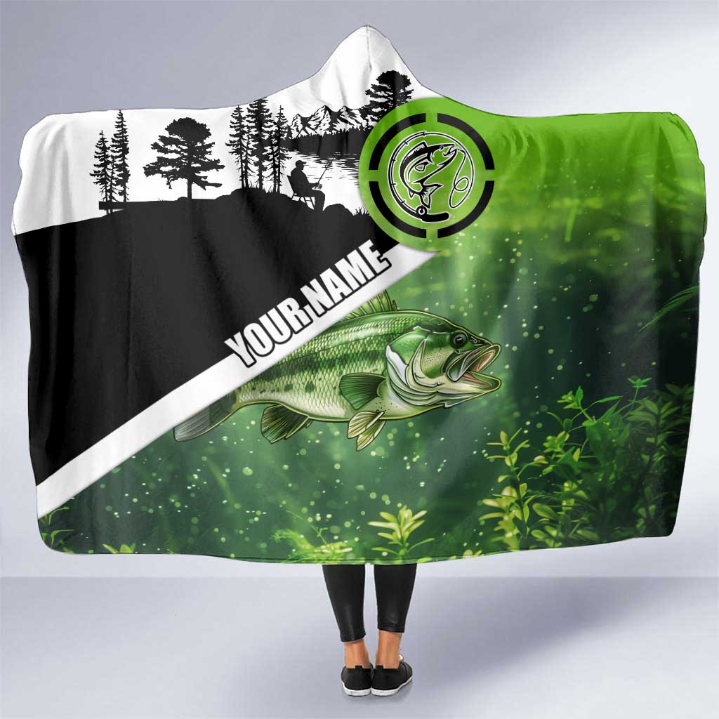 Green and Black Largemouth Bass Fishing Hooded Blanket Custom Name Design and Angler Silhouette Illustration - Wonder Print Shop
