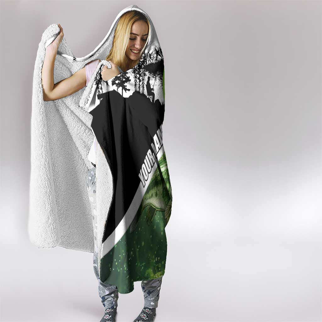Green and Black Largemouth Bass Fishing Hooded Blanket Custom Name Design and Angler Silhouette Illustration - Wonder Print Shop