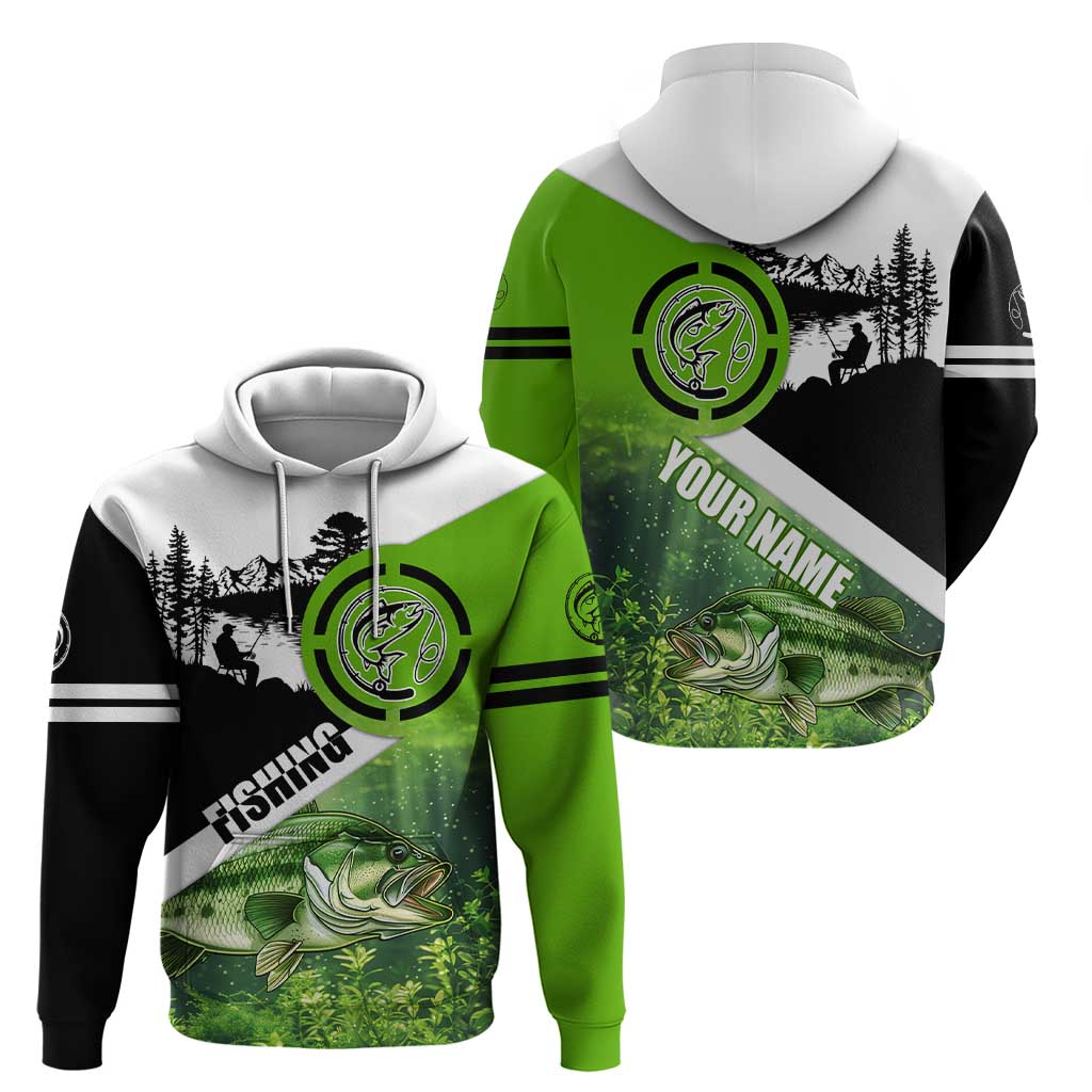 Green and Black Largemouth Bass Fishing Hoodie Custom Name Design and Angler Silhouette Illustration - Wonder Print Shop