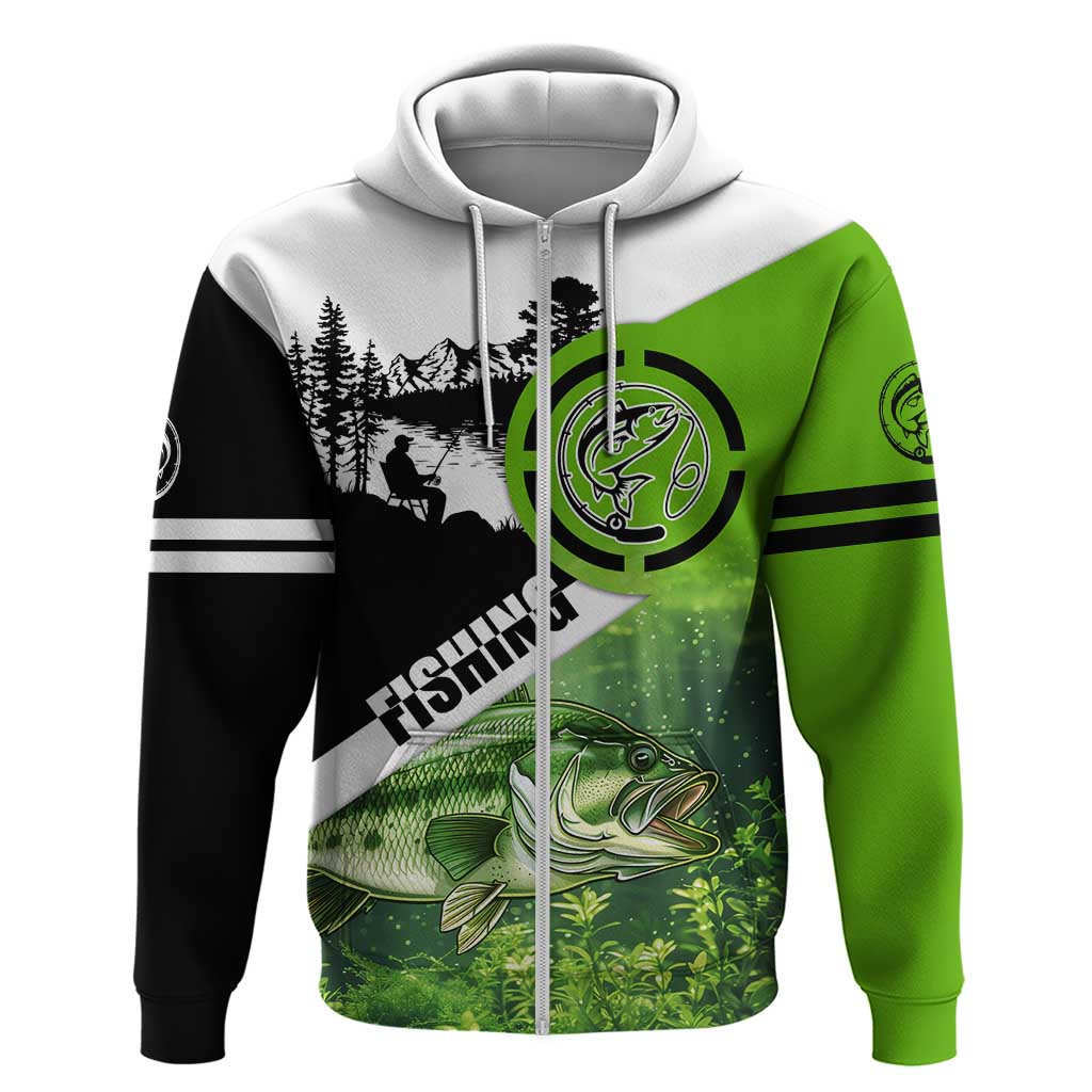 Green and Black Largemouth Bass Fishing Hoodie Custom Name Design and Angler Silhouette Illustration - Wonder Print Shop