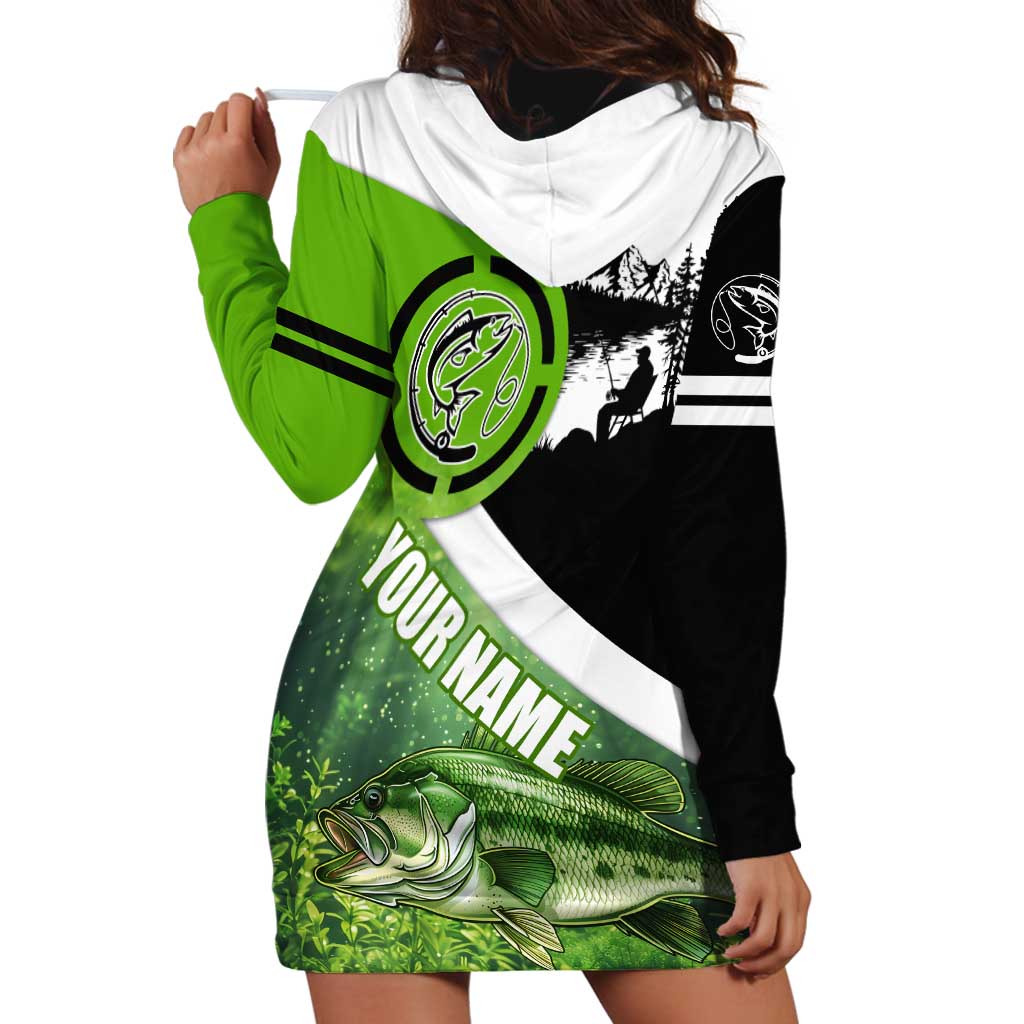 Green and Black Largemouth Bass Fishing Hoodie Dress Custom Name Design and Angler Silhouette Illustration - Wonder Print Shop