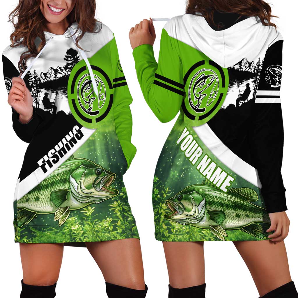 Green and Black Largemouth Bass Fishing Hoodie Dress Custom Name Design and Angler Silhouette Illustration - Wonder Print Shop