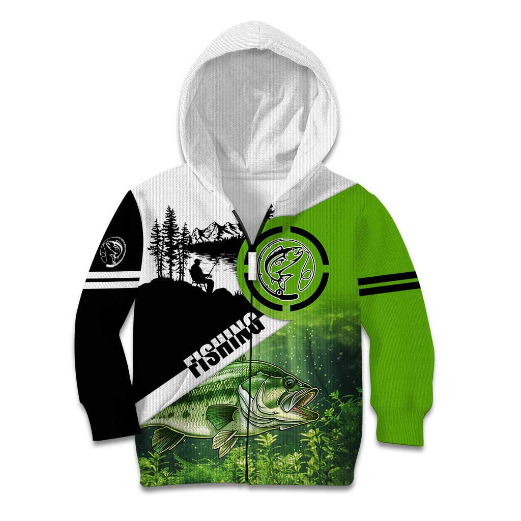 Green and Black Largemouth Bass Fishing Kid Hoodie Custom Name Design and Angler Silhouette Illustration - Wonder Print Shop