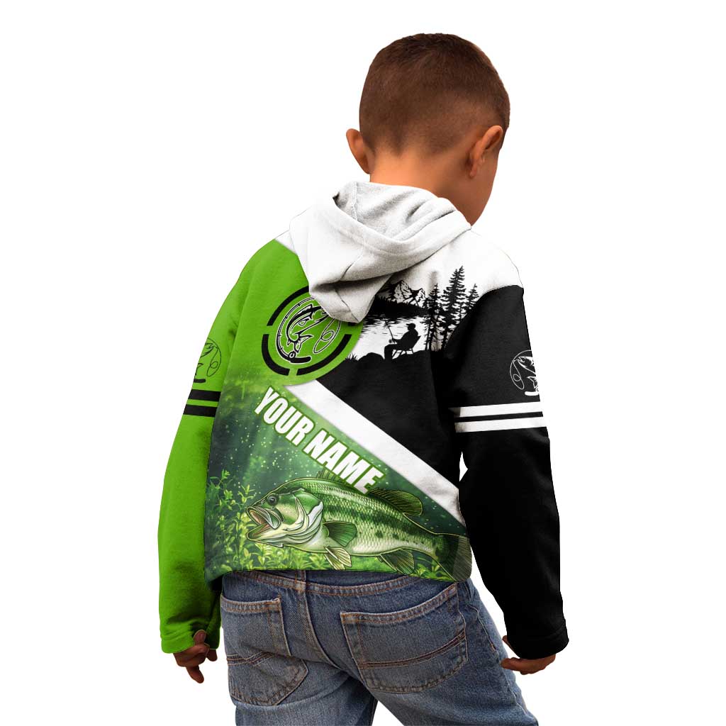 Green and Black Largemouth Bass Fishing Kid Hoodie Custom Name Design and Angler Silhouette Illustration - Wonder Print Shop