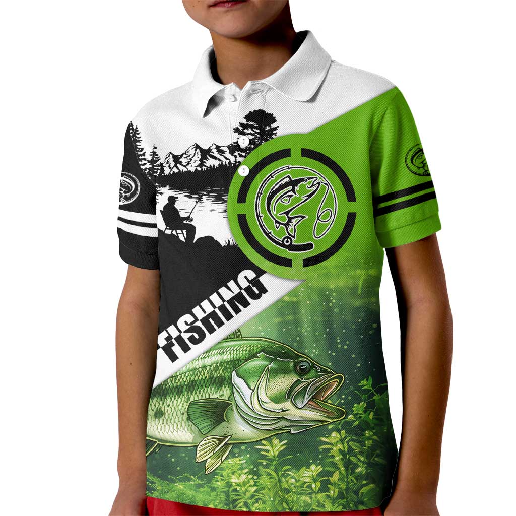Green and Black Largemouth Bass Fishing Kid Polo Shirt Custom Name Design and Angler Silhouette Illustration - Wonder Print Shop