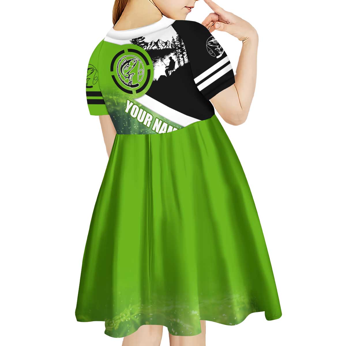 Green and Black Largemouth Bass Fishing Kid Short Sleeve Dress Custom Name Design and Angler Silhouette Illustration - Wonder Print Shop