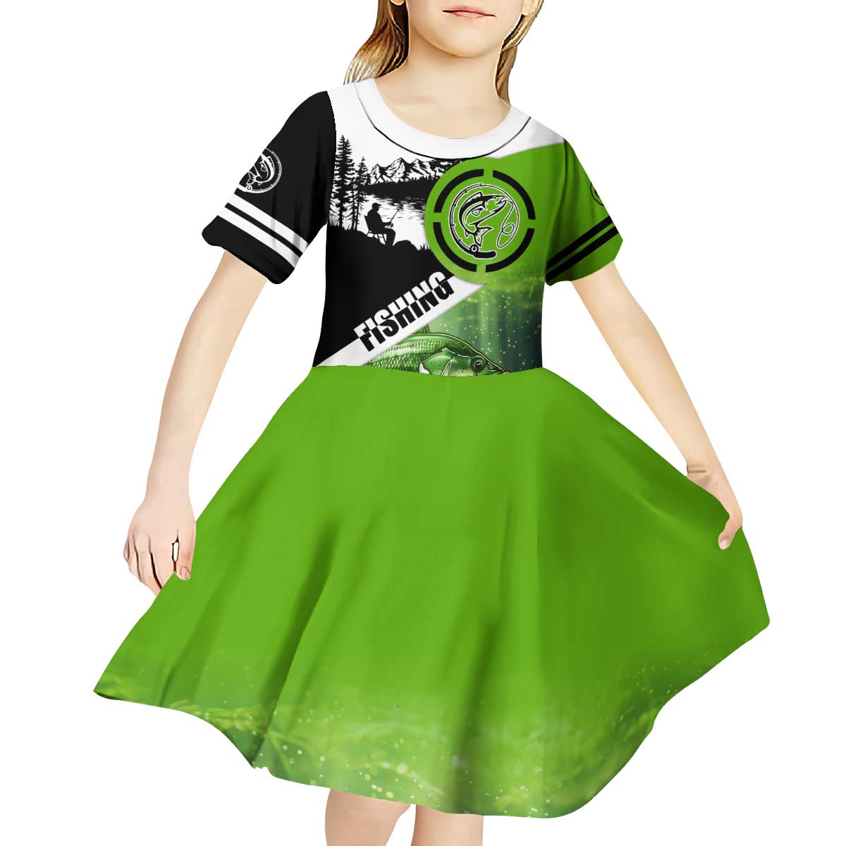 Green and Black Largemouth Bass Fishing Kid Short Sleeve Dress Custom Name Design and Angler Silhouette Illustration - Wonder Print Shop