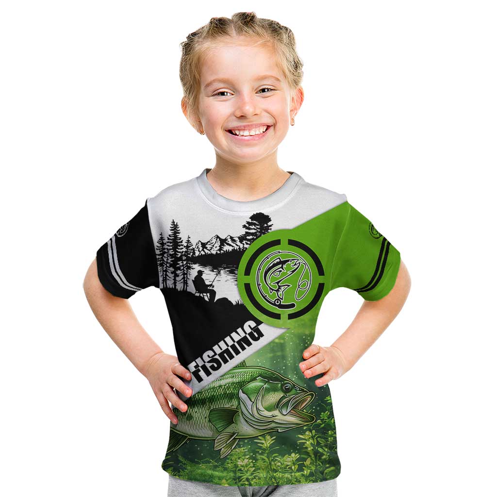 Green and Black Largemouth Bass Fishing Kid T Shirt Custom Name Design and Angler Silhouette Illustration - Wonder Print Shop