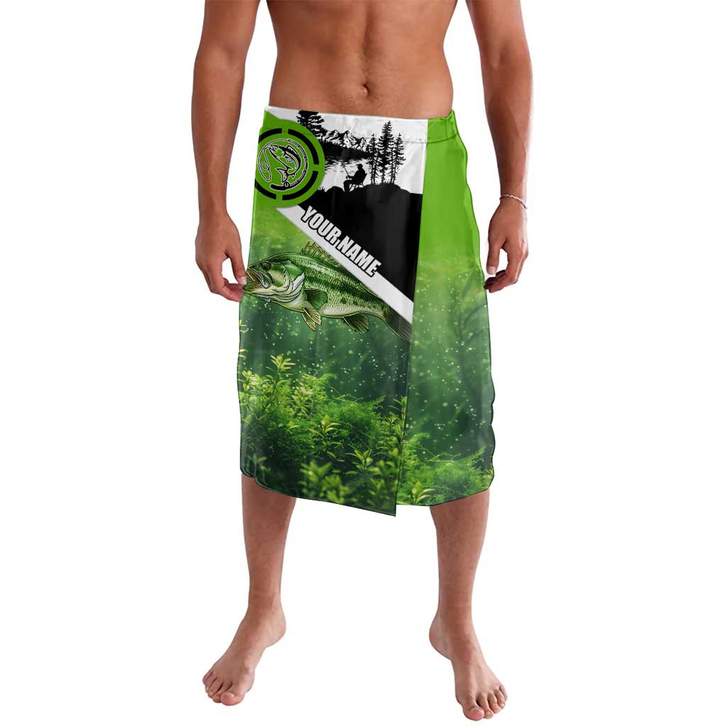 Green and Black Largemouth Bass Fishing Lavalava Custom Name Design and Angler Silhouette Illustration - Wonder Print Shop