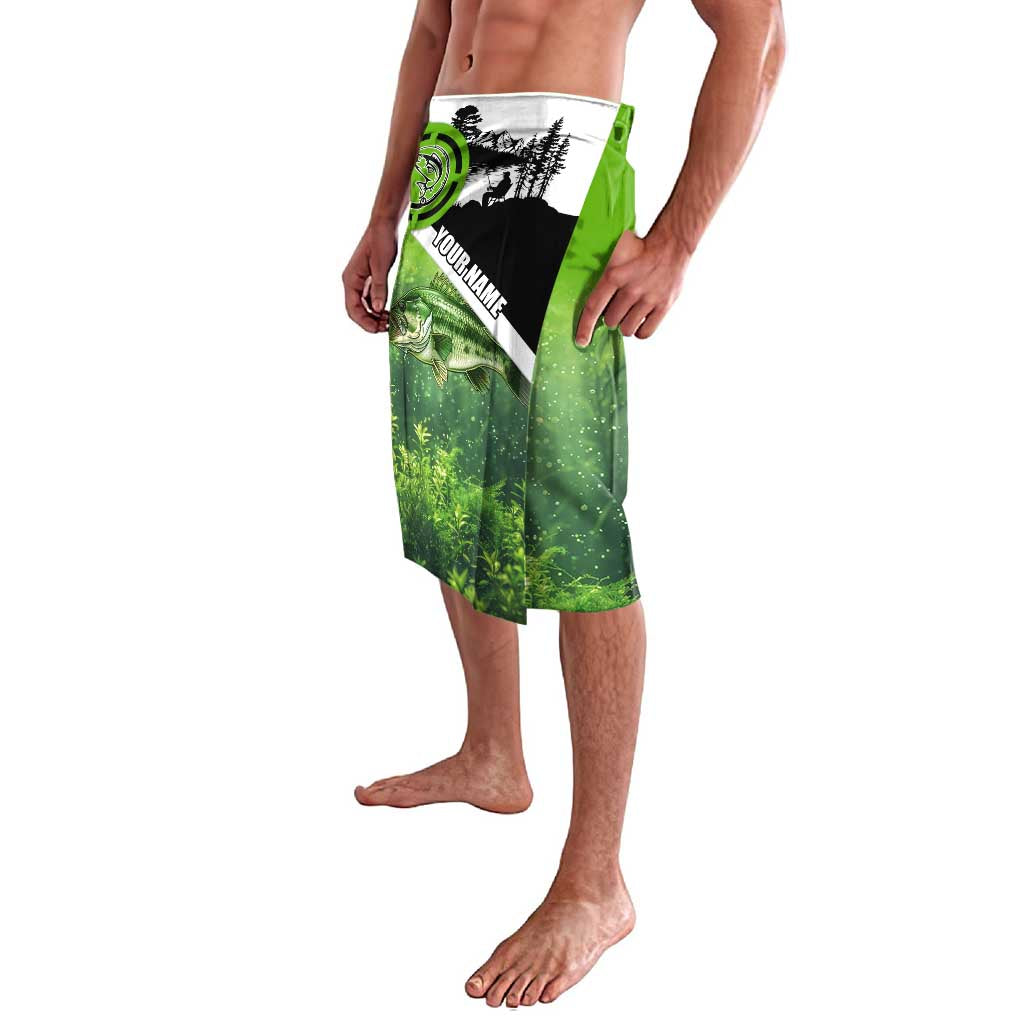 Green and Black Largemouth Bass Fishing Lavalava Custom Name Design and Angler Silhouette Illustration - Wonder Print Shop