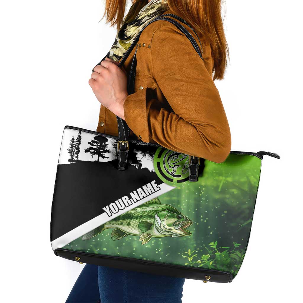 Green and Black Largemouth Bass Fishing Leather Tote Bag Custom Name Design and Angler Silhouette Illustration - Wonder Print Shop