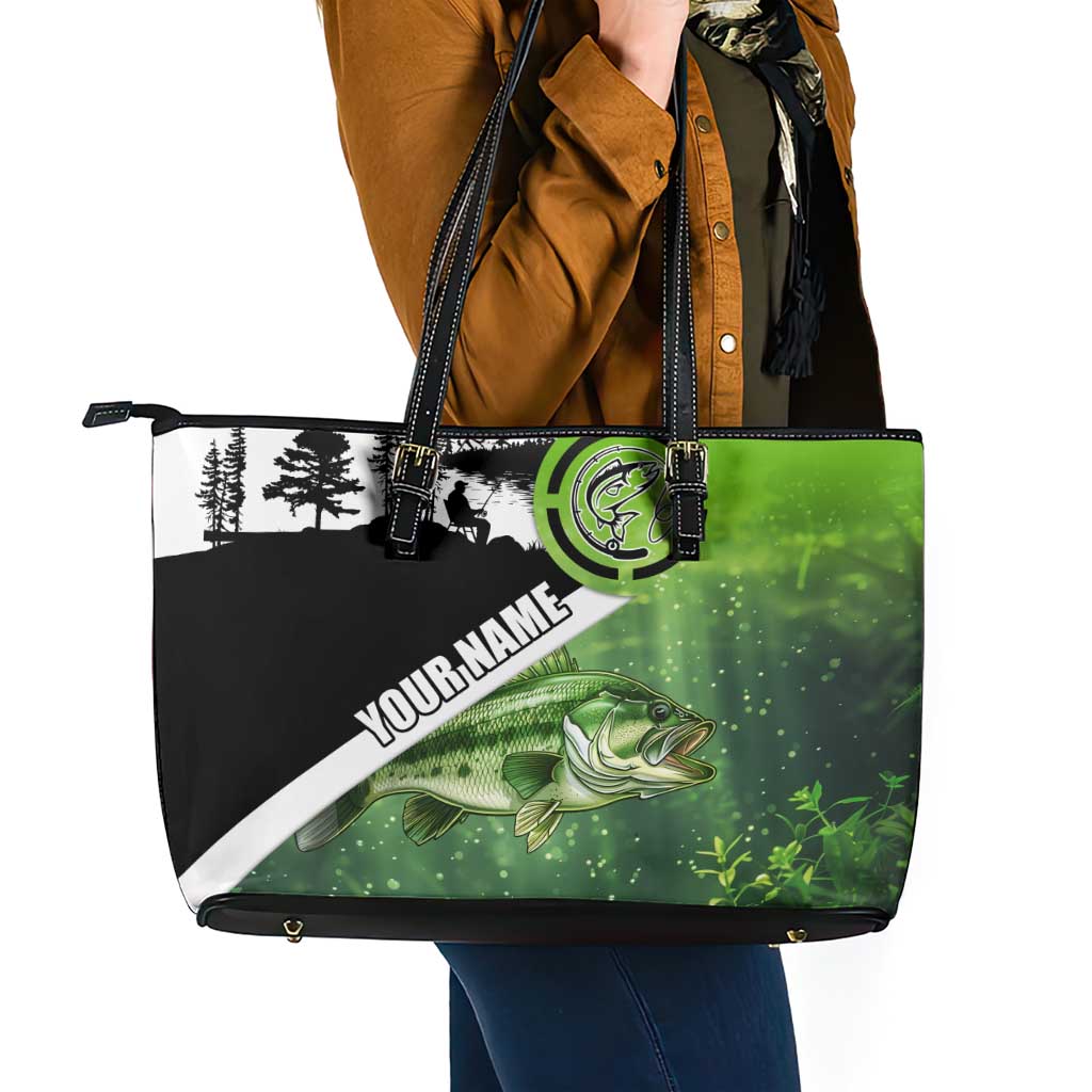 Green and Black Largemouth Bass Fishing Leather Tote Bag Custom Name Design and Angler Silhouette Illustration - Wonder Print Shop