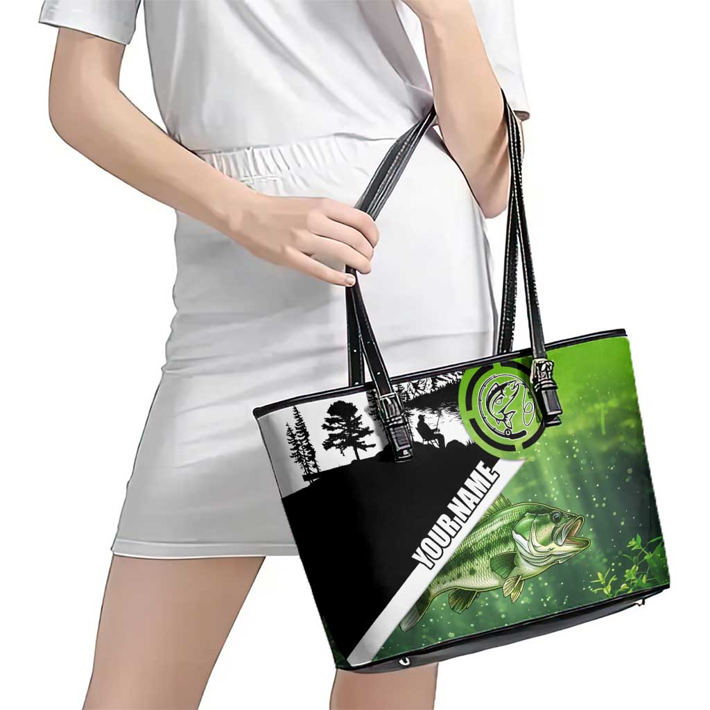 Green and Black Largemouth Bass Fishing Leather Tote Bag Custom Name Design and Angler Silhouette Illustration - Wonder Print Shop