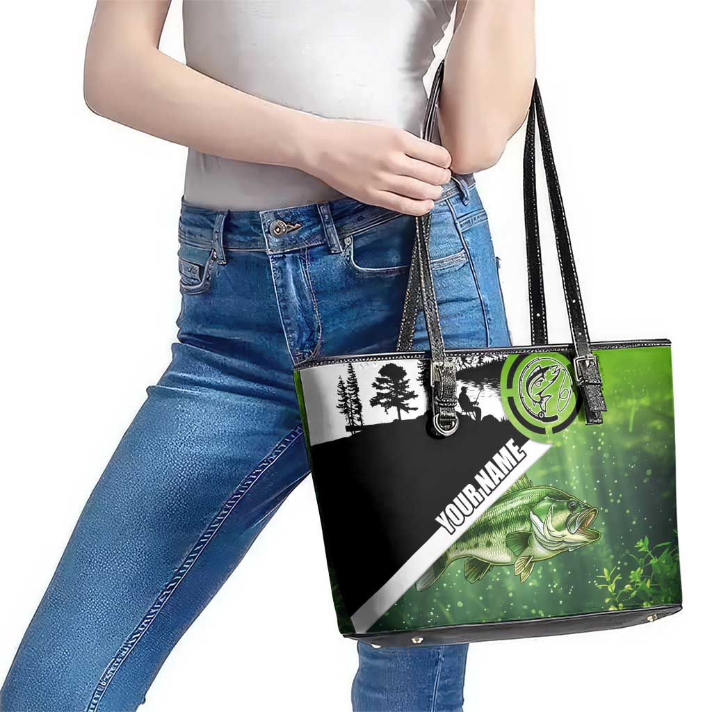 Green and Black Largemouth Bass Fishing Leather Tote Bag Custom Name Design and Angler Silhouette Illustration - Wonder Print Shop
