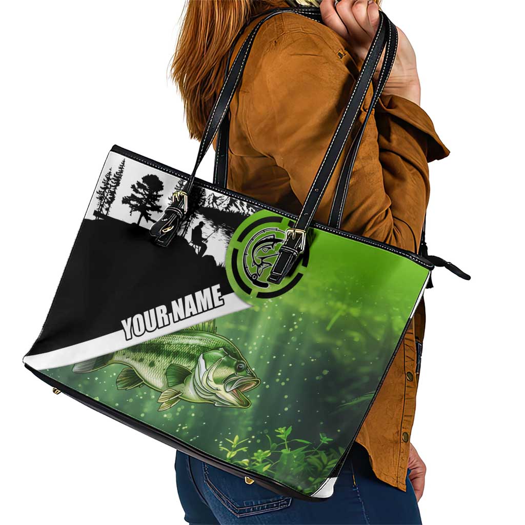 Green and Black Largemouth Bass Fishing Leather Tote Bag Custom Name Design and Angler Silhouette Illustration - Wonder Print Shop