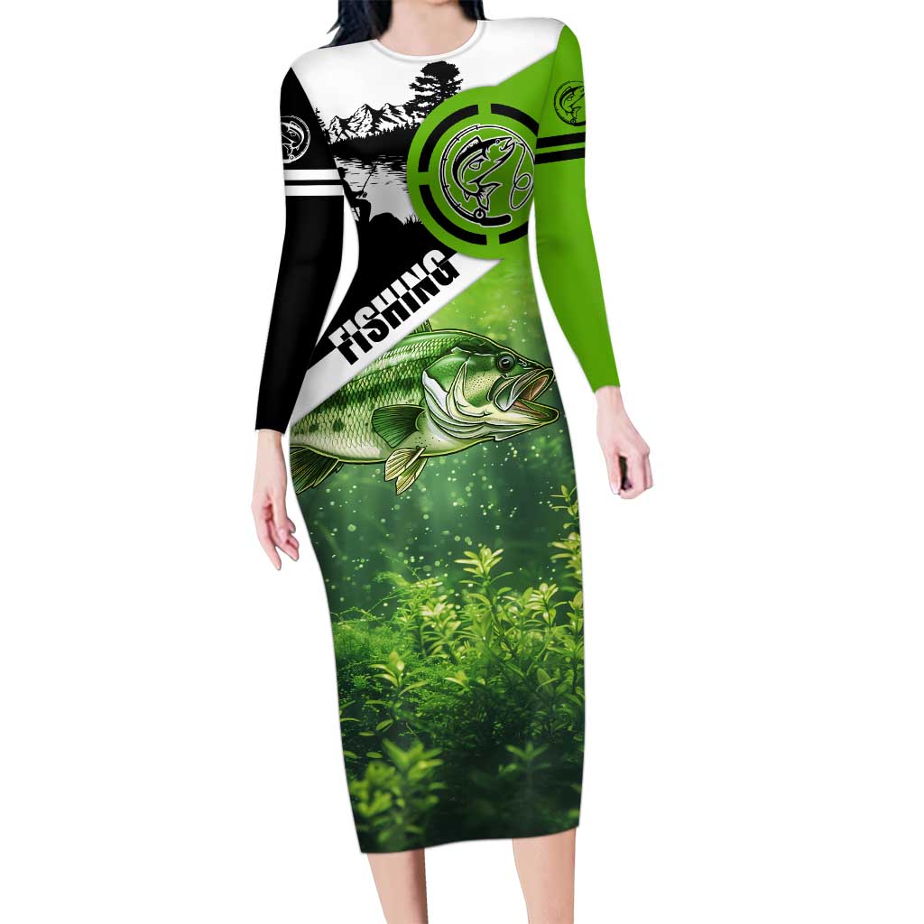 Green and Black Largemouth Bass Fishing Long Sleeve Bodycon Dress Custom Name Design and Angler Silhouette Illustration - Wonder Print Shop