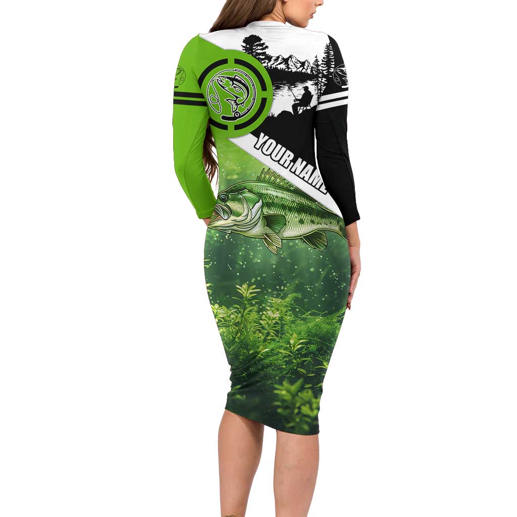 Green and Black Largemouth Bass Fishing Long Sleeve Bodycon Dress Custom Name Design and Angler Silhouette Illustration - Wonder Print Shop
