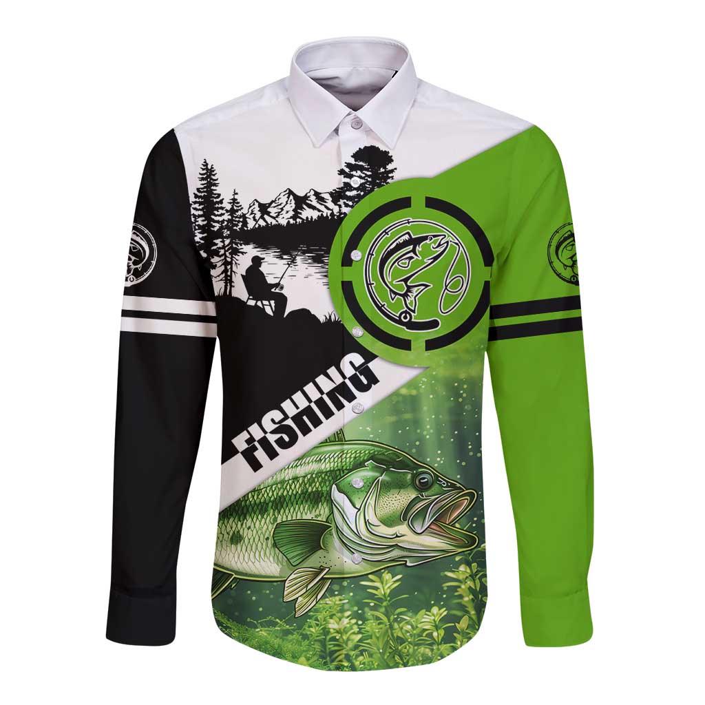Green and Black Largemouth Bass Fishing Long Sleeve Button Shirt Custom Name Design and Angler Silhouette Illustration - Wonder Print Shop