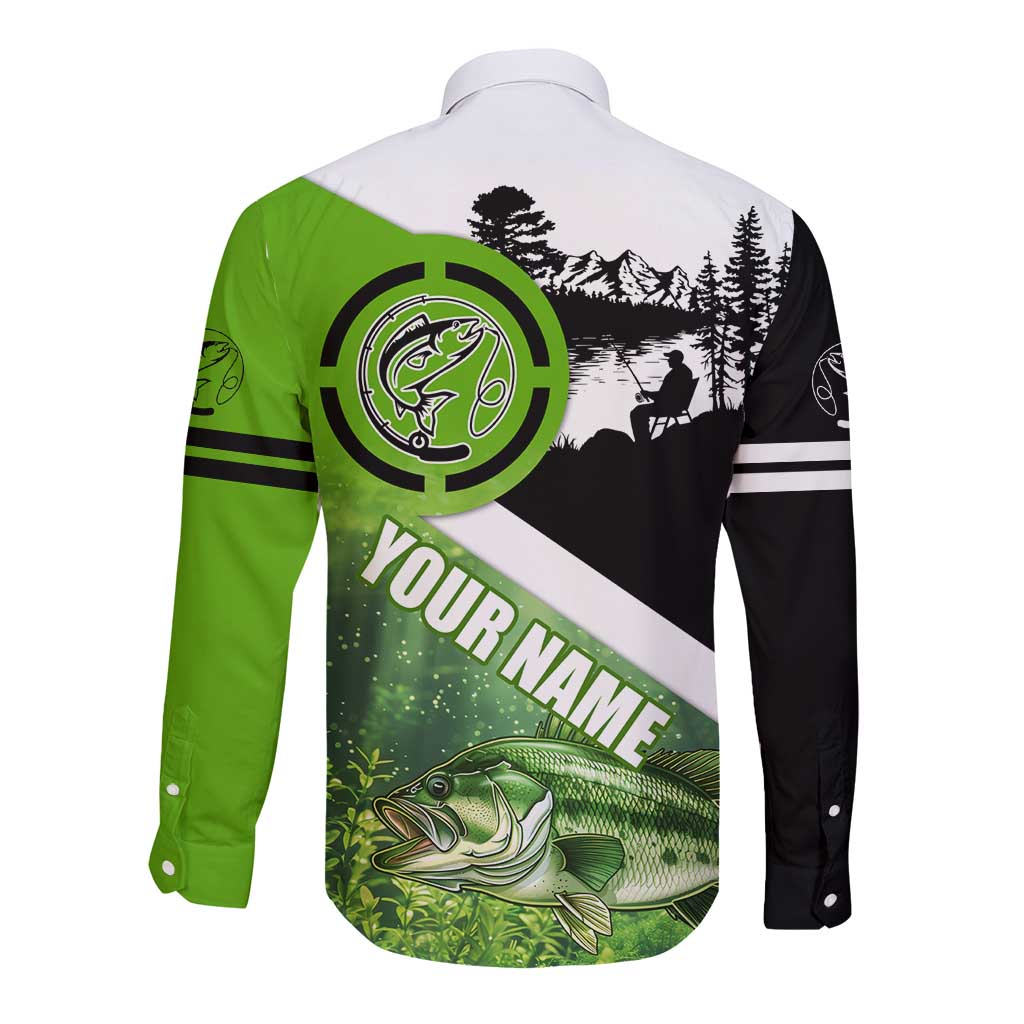 Green and Black Largemouth Bass Fishing Long Sleeve Button Shirt Custom Name Design and Angler Silhouette Illustration - Wonder Print Shop