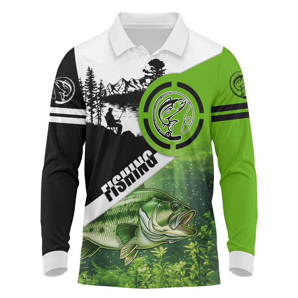 Green and Black Largemouth Bass Fishing Long Sleeve Polo Shirt Custom Name Design and Angler Silhouette Illustration - Wonder Print Shop