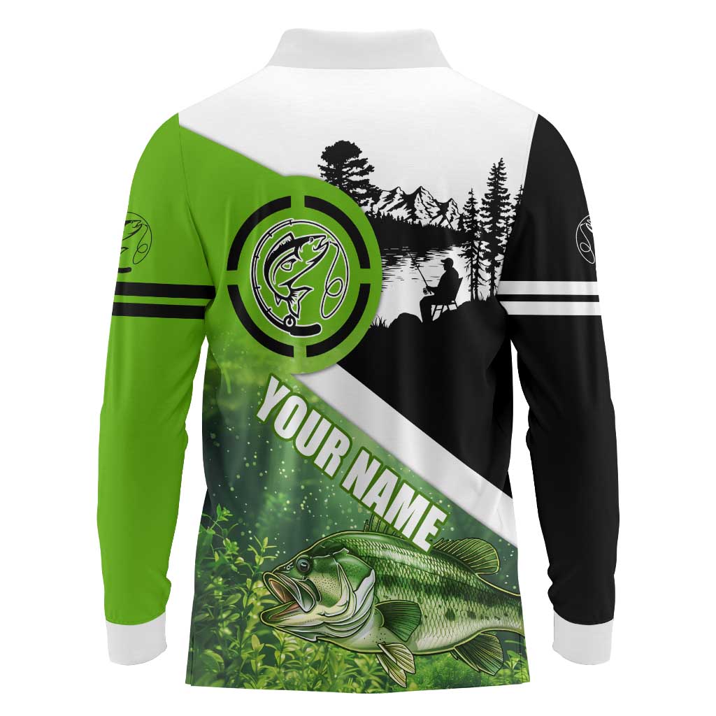 Green and Black Largemouth Bass Fishing Long Sleeve Polo Shirt Custom Name Design and Angler Silhouette Illustration - Wonder Print Shop