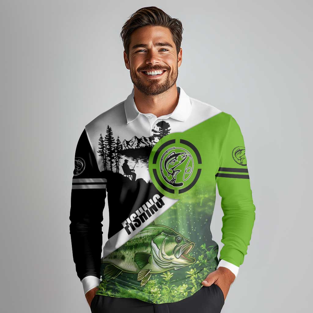 Green and Black Largemouth Bass Fishing Long Sleeve Polo Shirt Custom Name Design and Angler Silhouette Illustration - Wonder Print Shop