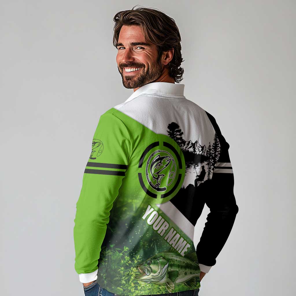 Green and Black Largemouth Bass Fishing Long Sleeve Polo Shirt Custom Name Design and Angler Silhouette Illustration - Wonder Print Shop