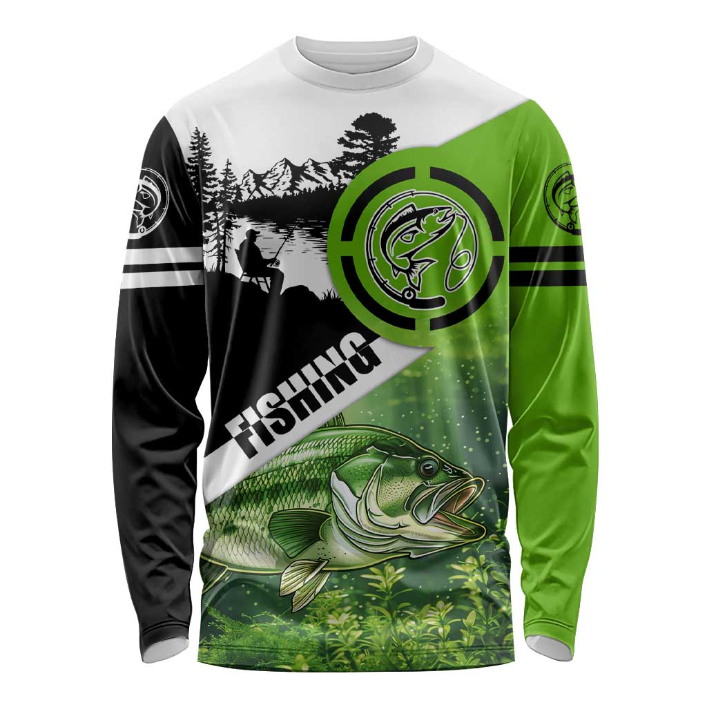Green and Black Largemouth Bass Fishing Long Sleeve Shirt Custom Name Design and Angler Silhouette Illustration - Wonder Print Shop
