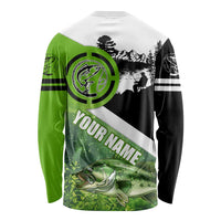 Green and Black Largemouth Bass Fishing Long Sleeve Shirt Custom Name Design and Angler Silhouette Illustration - Wonder Print Shop