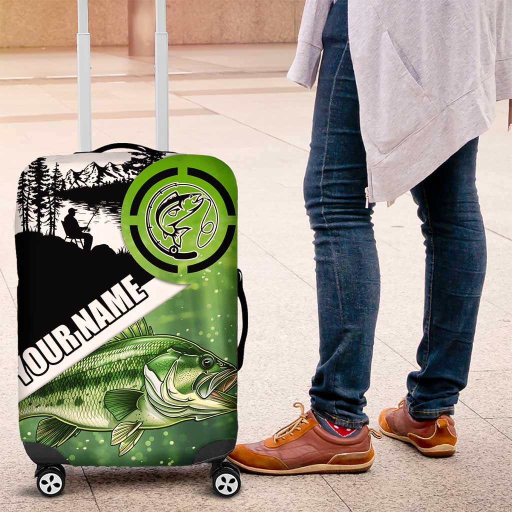 Green and Black Largemouth Bass Fishing Luggage Cover Custom Name Design and Angler Silhouette Illustration - Wonder Print Shop
