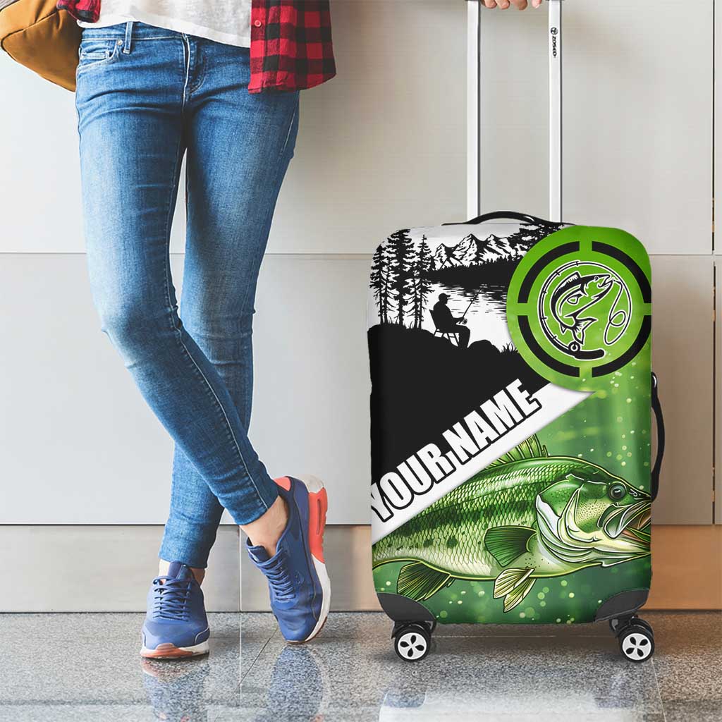 Green and Black Largemouth Bass Fishing Luggage Cover Custom Name Design and Angler Silhouette Illustration - Wonder Print Shop
