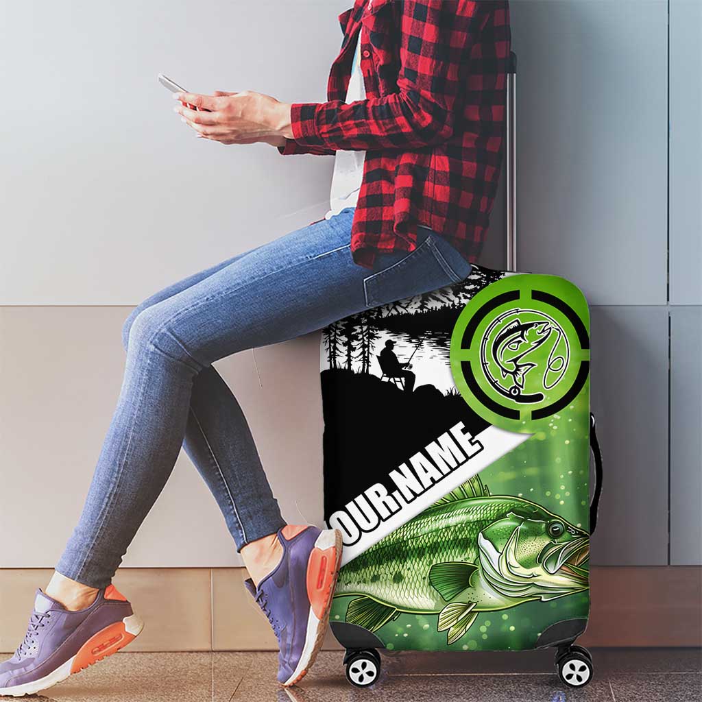 Green and Black Largemouth Bass Fishing Luggage Cover Custom Name Design and Angler Silhouette Illustration - Wonder Print Shop