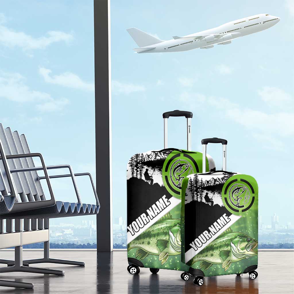 Green and Black Largemouth Bass Fishing Luggage Cover Custom Name Design and Angler Silhouette Illustration - Wonder Print Shop