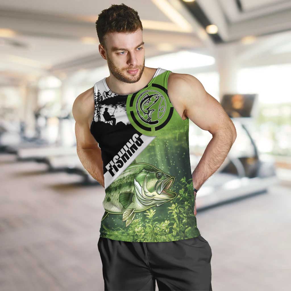 Green and Black Largemouth Bass Fishing Men Tank Top Custom Name Design and Angler Silhouette Illustration - Wonder Print Shop