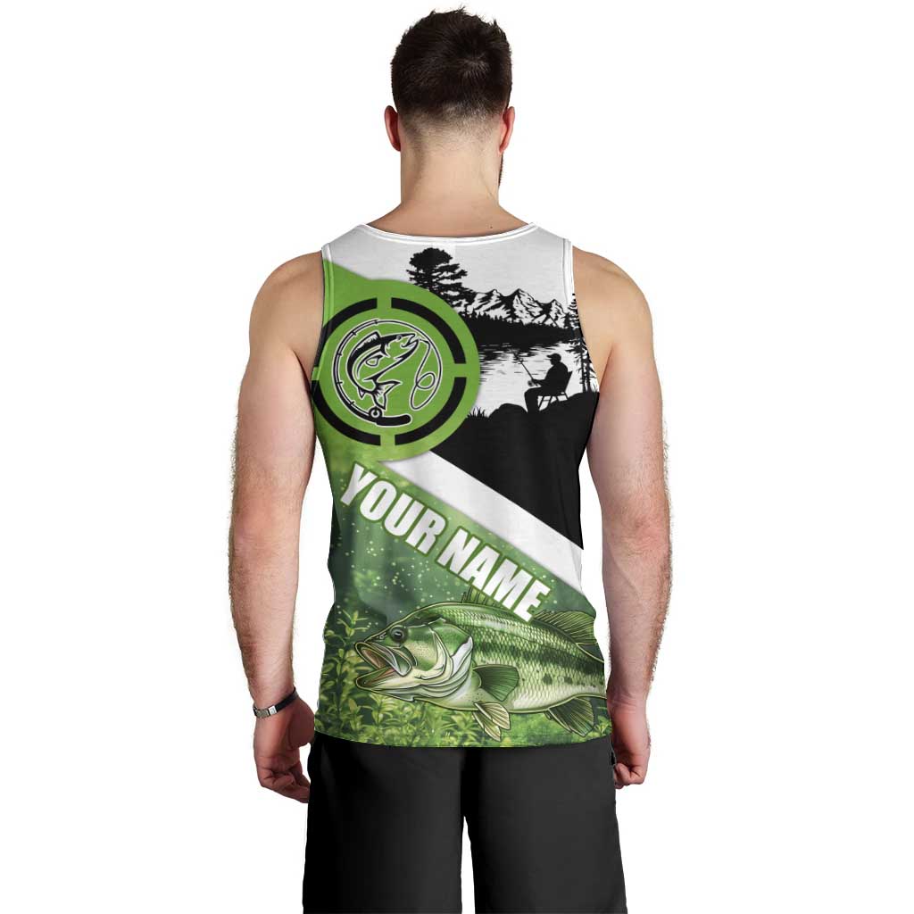 Green and Black Largemouth Bass Fishing Men Tank Top Custom Name Design and Angler Silhouette Illustration - Wonder Print Shop