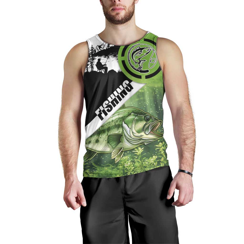 Green and Black Largemouth Bass Fishing Men Tank Top Custom Name Design and Angler Silhouette Illustration - Wonder Print Shop