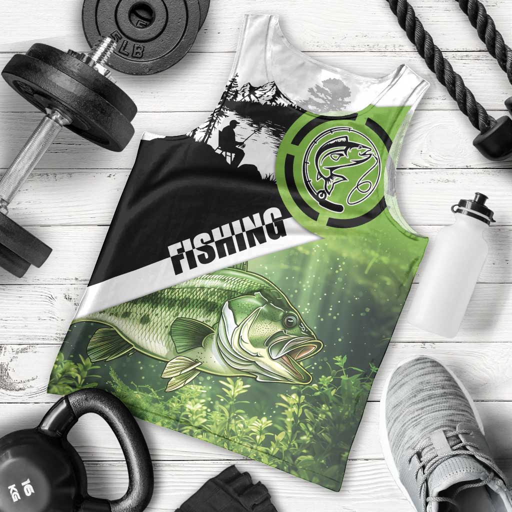 Green and Black Largemouth Bass Fishing Men Tank Top Custom Name Design and Angler Silhouette Illustration - Wonder Print Shop