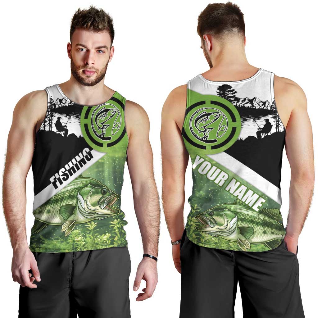 Green and Black Largemouth Bass Fishing Men Tank Top Custom Name Design and Angler Silhouette Illustration - Wonder Print Shop