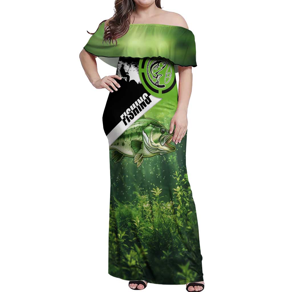 Green and Black Largemouth Bass Fishing Off Shoulder Maxi Dress Custom Name Design and Angler Silhouette Illustration - Wonder Print Shop