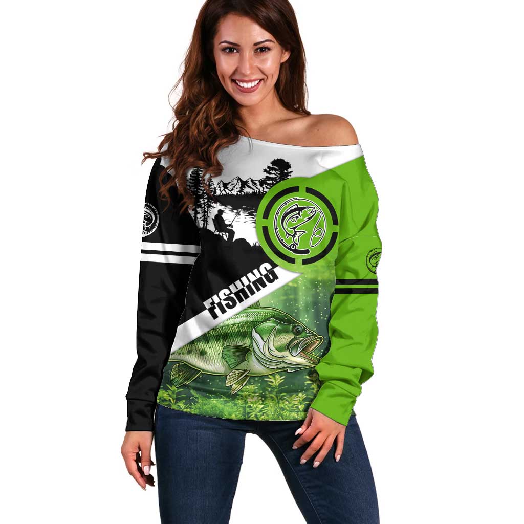 Green and Black Largemouth Bass Fishing Off Shoulder Sweater Custom Name Design and Angler Silhouette Illustration - Wonder Print Shop