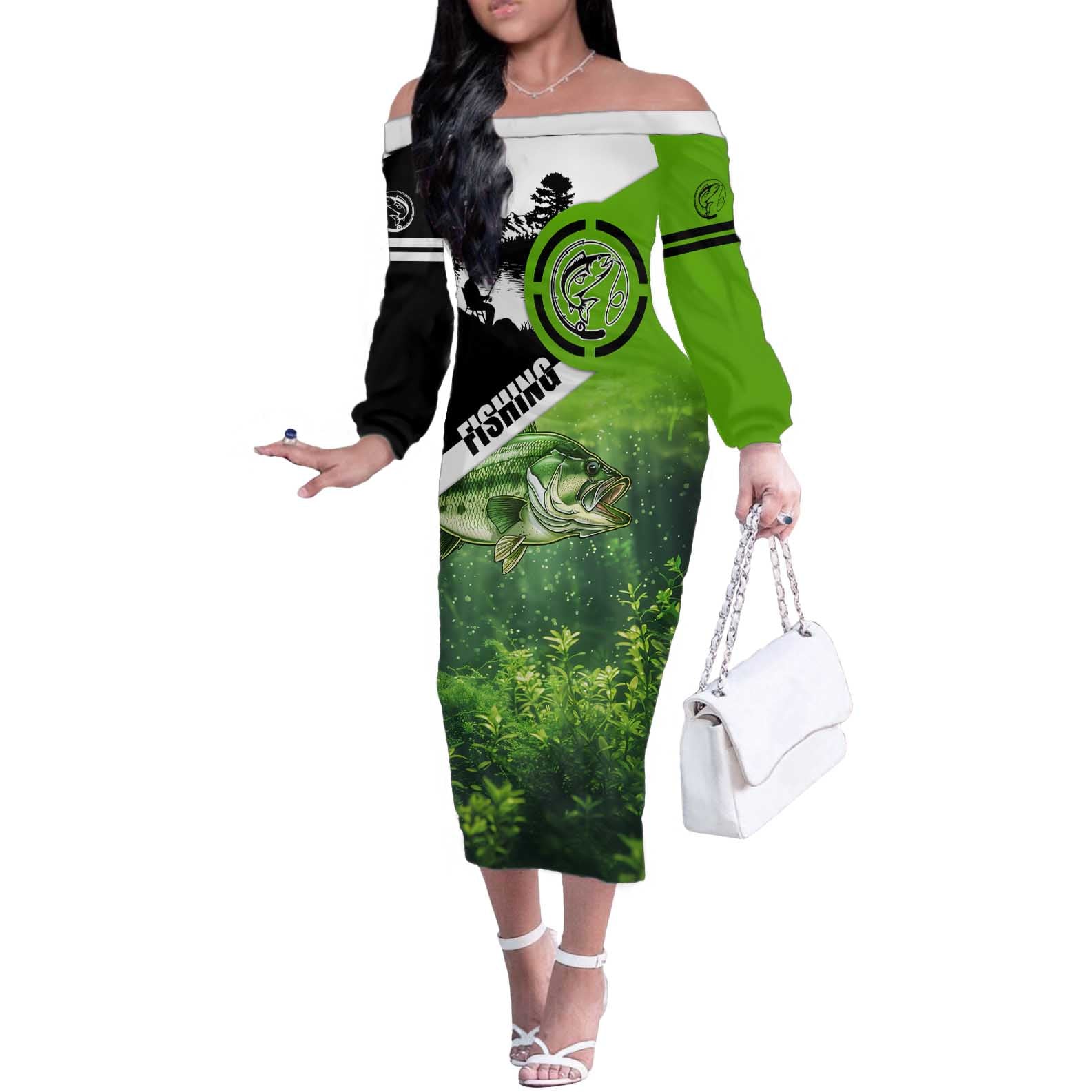 Green and Black Largemouth Bass Fishing Off The Shoulder Long Sleeve Dress Custom Name Design and Angler Silhouette Illustration - Wonder Print Shop