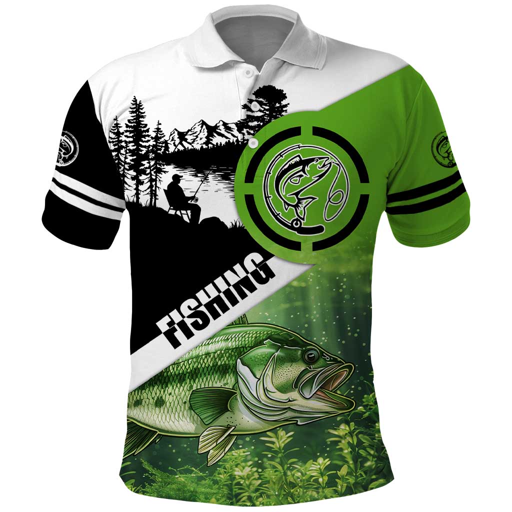 Green and Black Largemouth Bass Fishing Polo Shirt Custom Name Design and Angler Silhouette Illustration - Wonder Print Shop