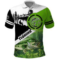 Green and Black Largemouth Bass Fishing Polo Shirt Custom Name Design and Angler Silhouette Illustration - Wonder Print Shop