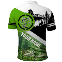 Green and Black Largemouth Bass Fishing Polo Shirt Custom Name Design and Angler Silhouette Illustration - Wonder Print Shop