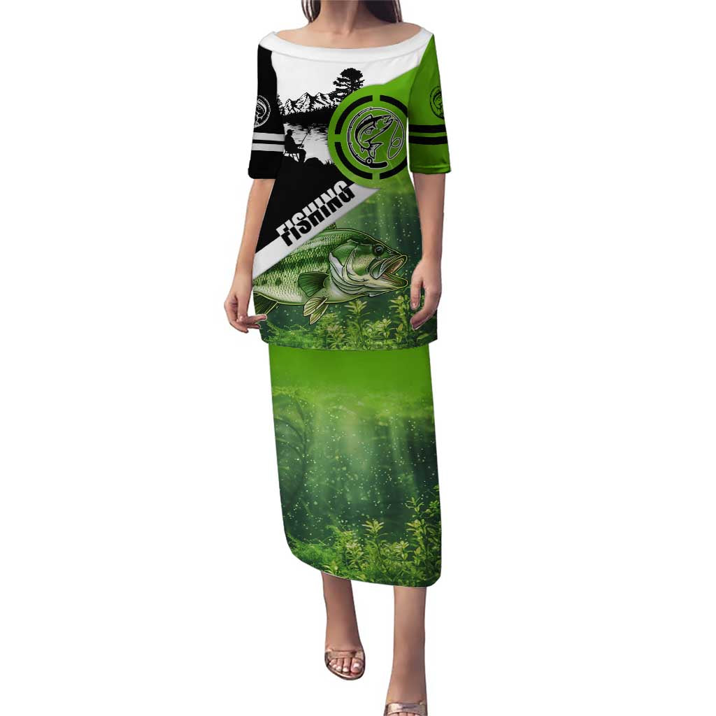 Green and Black Largemouth Bass Fishing Puletasi Custom Name Design and Angler Silhouette Illustration - Wonder Print Shop